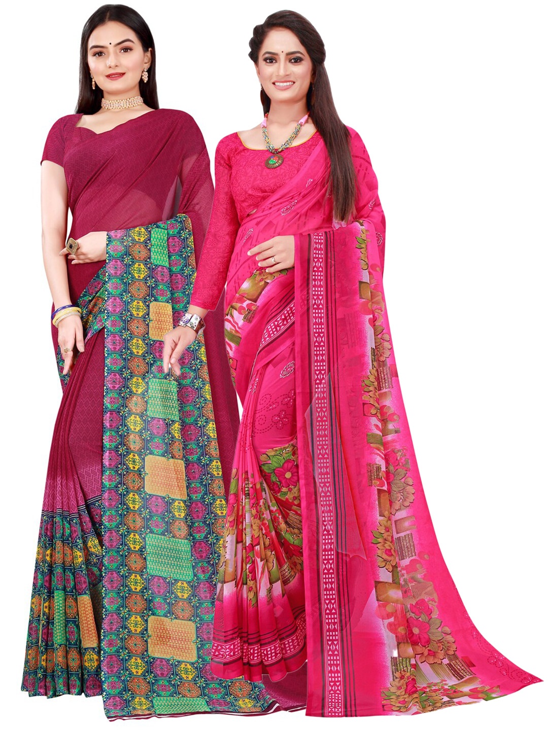 

Florence Pink & Purple Set Of 2 Floral Pure Georgette Saree