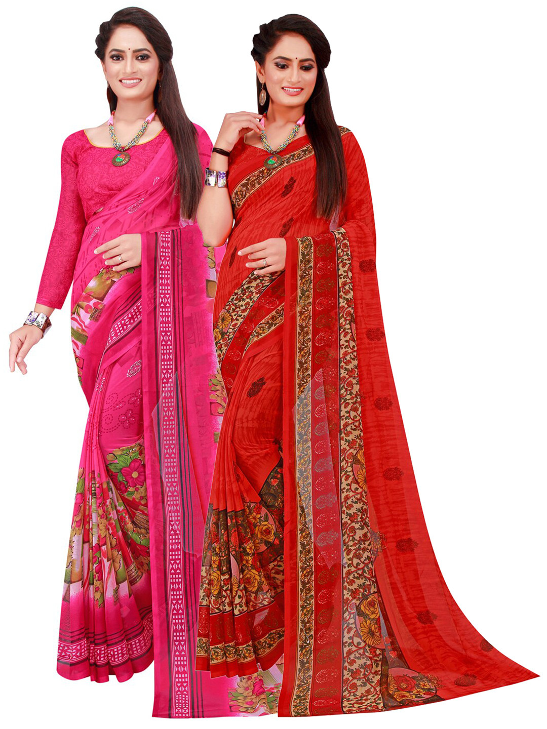 

Florence Pack Of 2 Pink & Orange Floral Printed Pure Georgette Saree