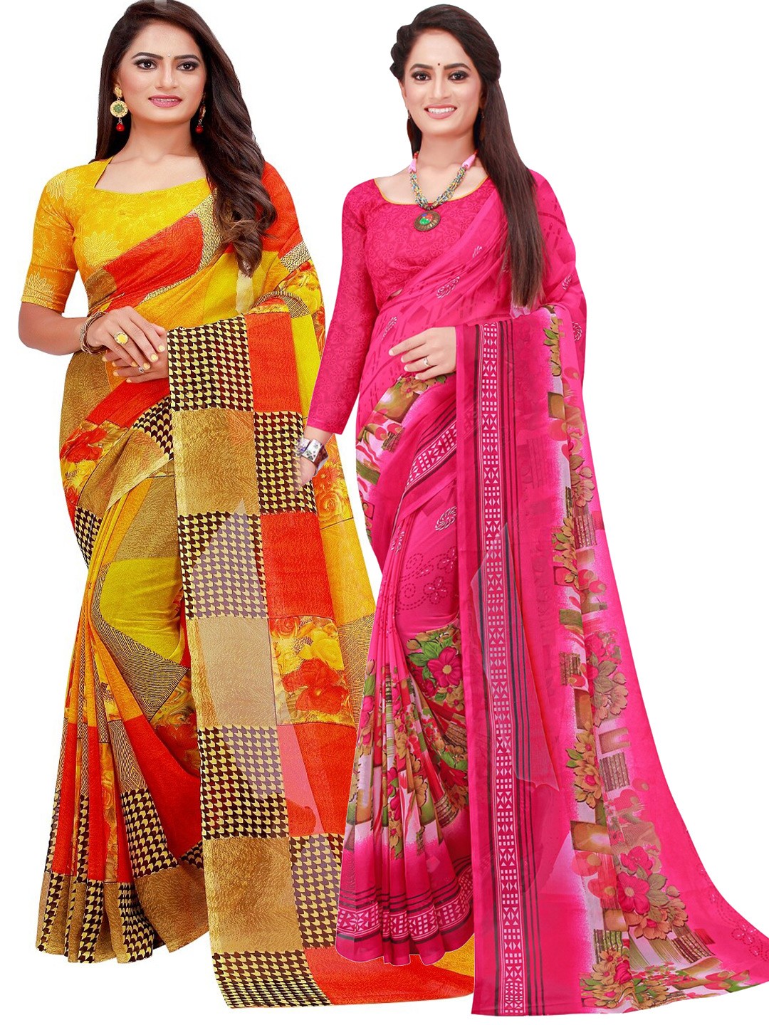 

Florence Set Of 2 Magenta & Yellow Floral Pure Georgette Saree