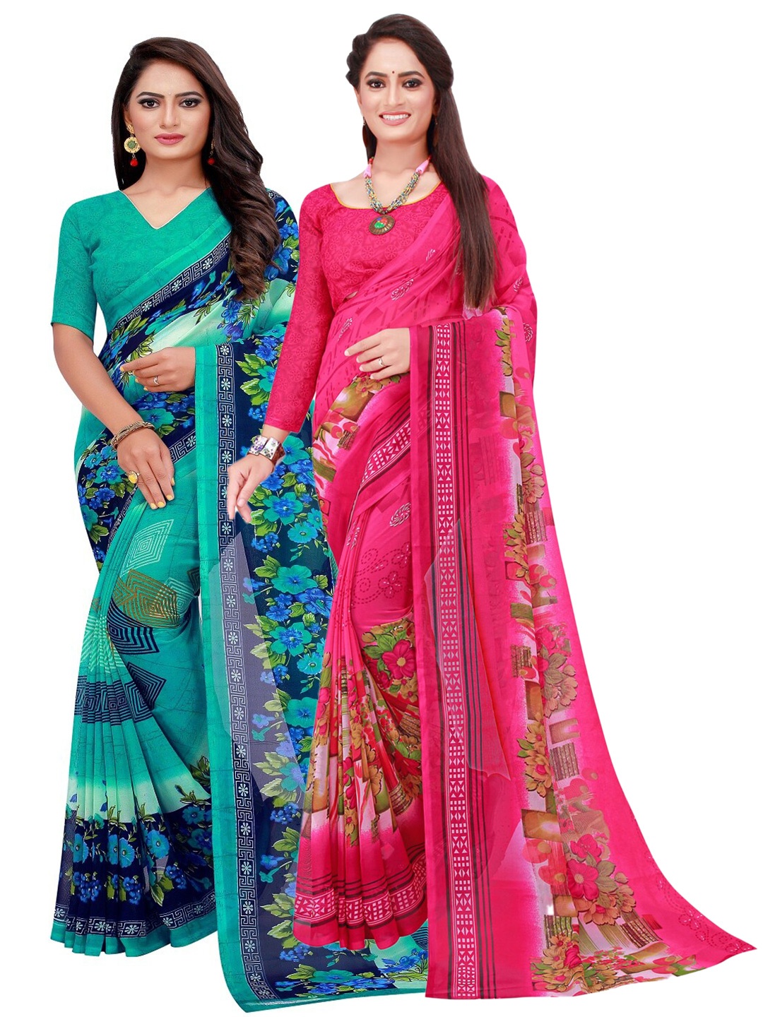 

Florence Pack Of 2 Turquoise Blue & Magenta Pure Georgette Saree