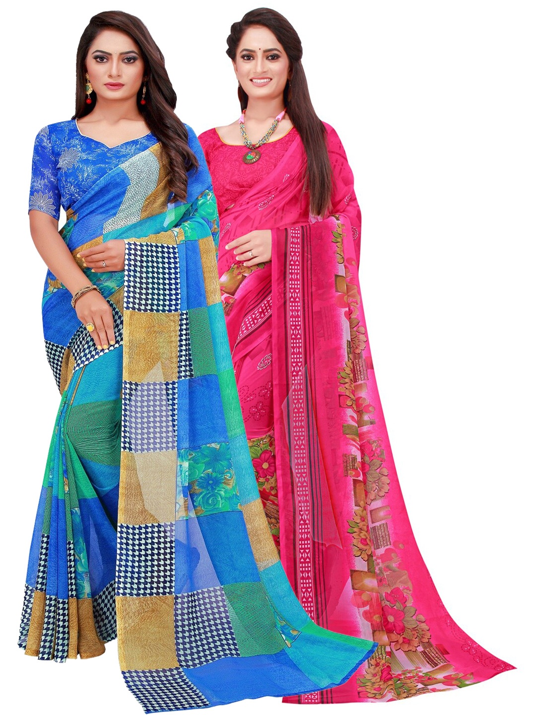 

Florence Blue & Magenta Set of 2 Floral Printed Georgette Saree