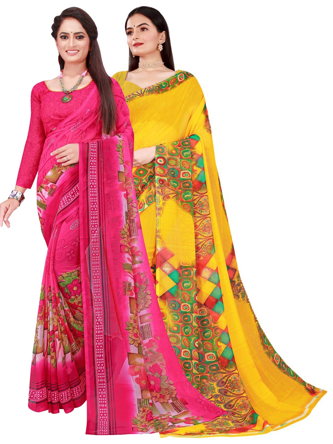 

Florence Set Of 2 Pink & Yellow Floral Pure Georgette Saree