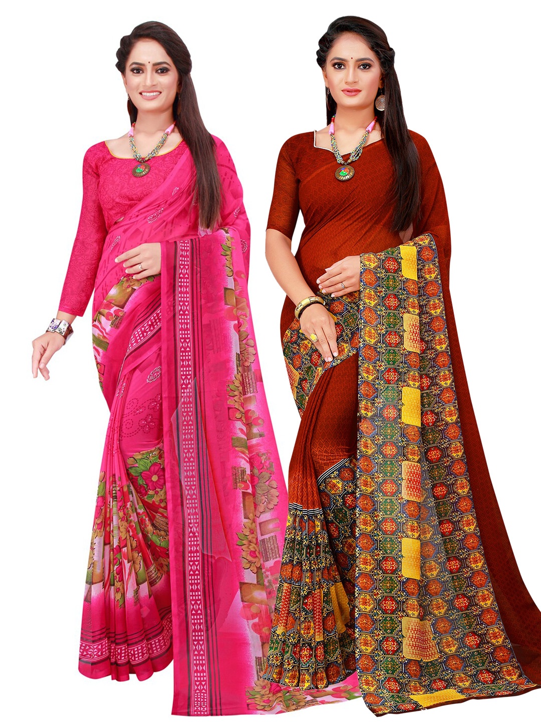 

Florence Pink & Maroon Set Of 2 Floral Pure Georgette Saree