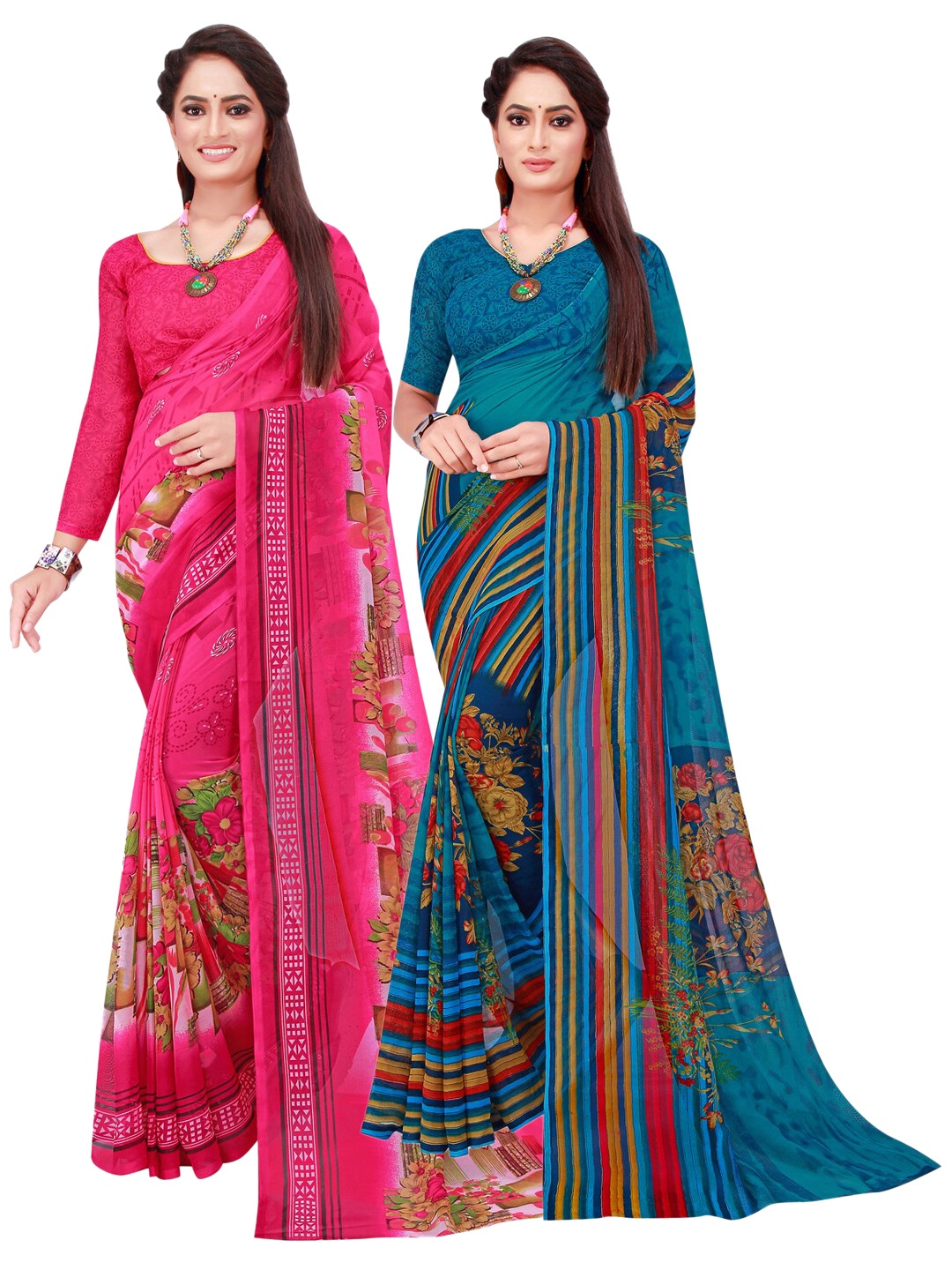 

Florence Pack of 2 Pink & Teal Floral Pure Georgette Sarees