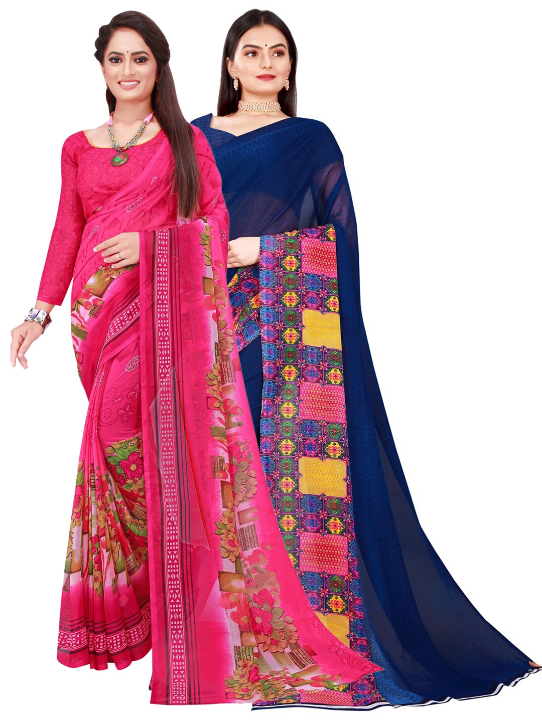 

Florence Pack Of 2 Pink & Blue Floral Printed Pure Georgette Saree
