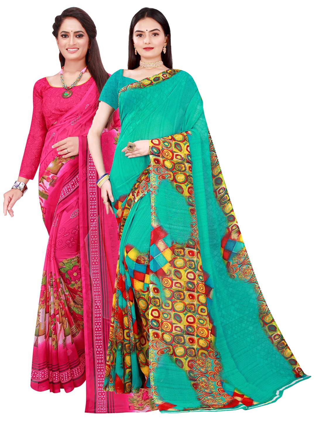 

Florence Pack Of 2 Pink & Teal Pure Georgette Saree