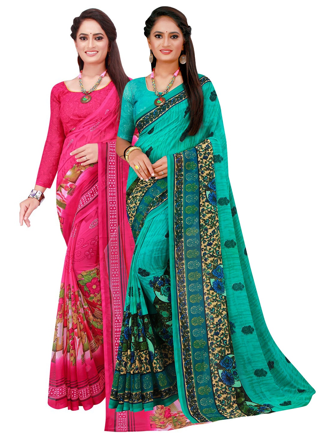 

Florence Pink & Teal Printed Pure Georgette Saree Pack Of 2