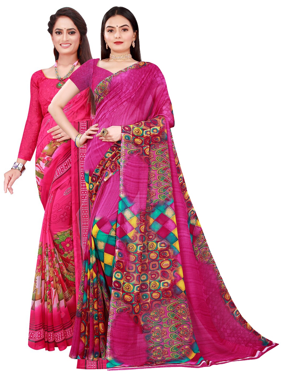 

Florence Pink & Blue Set of 2 Floral Pure Georgette Saree