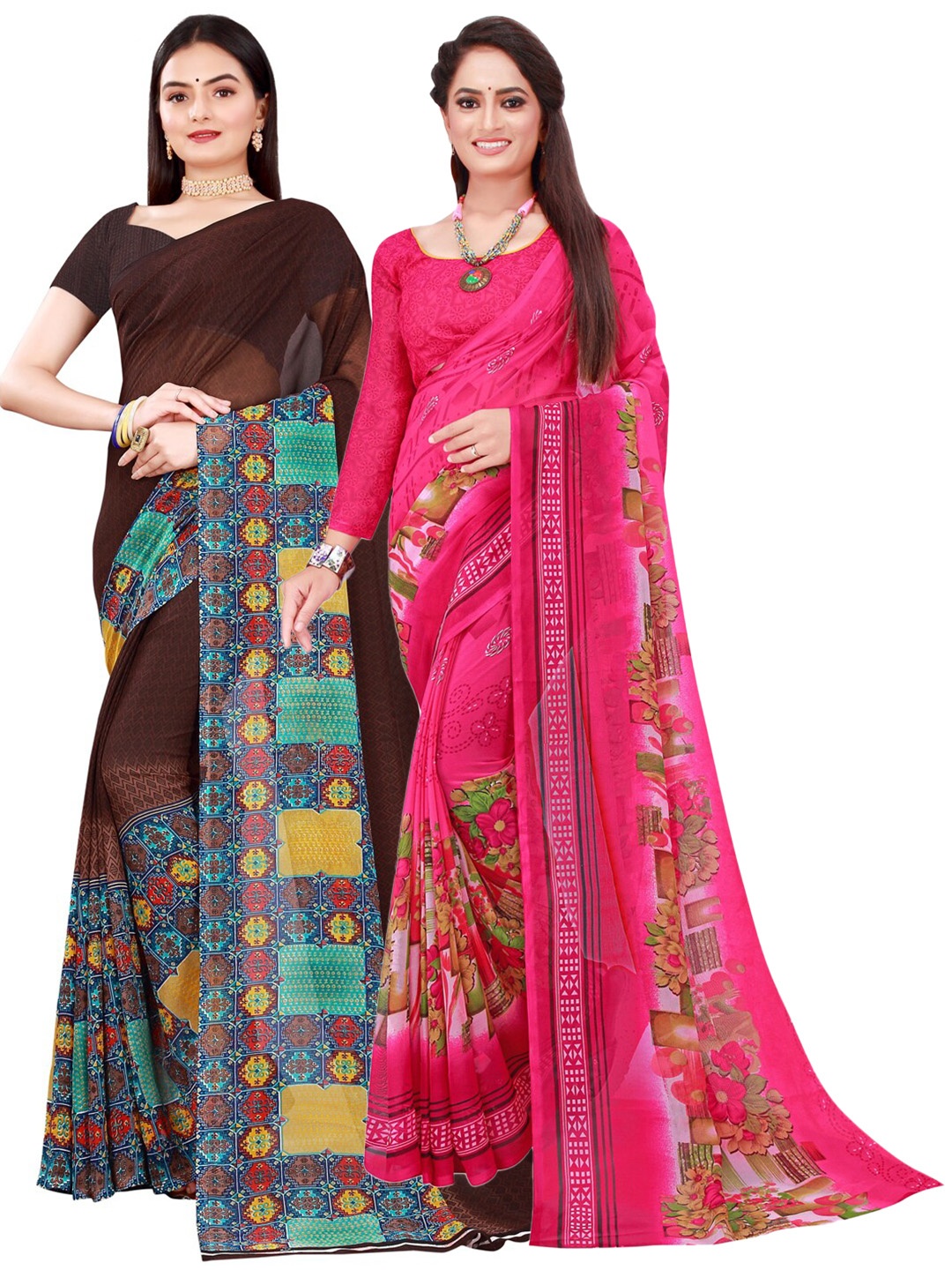 

Florence Pack of 2 Pink & Brown Floral Pure Georgette Sarees