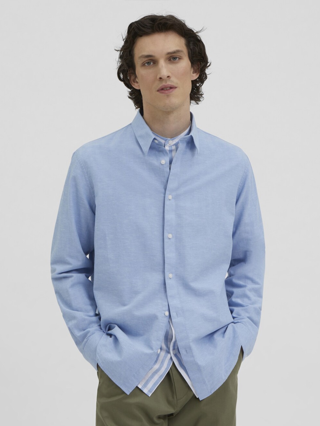 

SELECTED Men Blue Linen Organic Cotton Casual Shirt