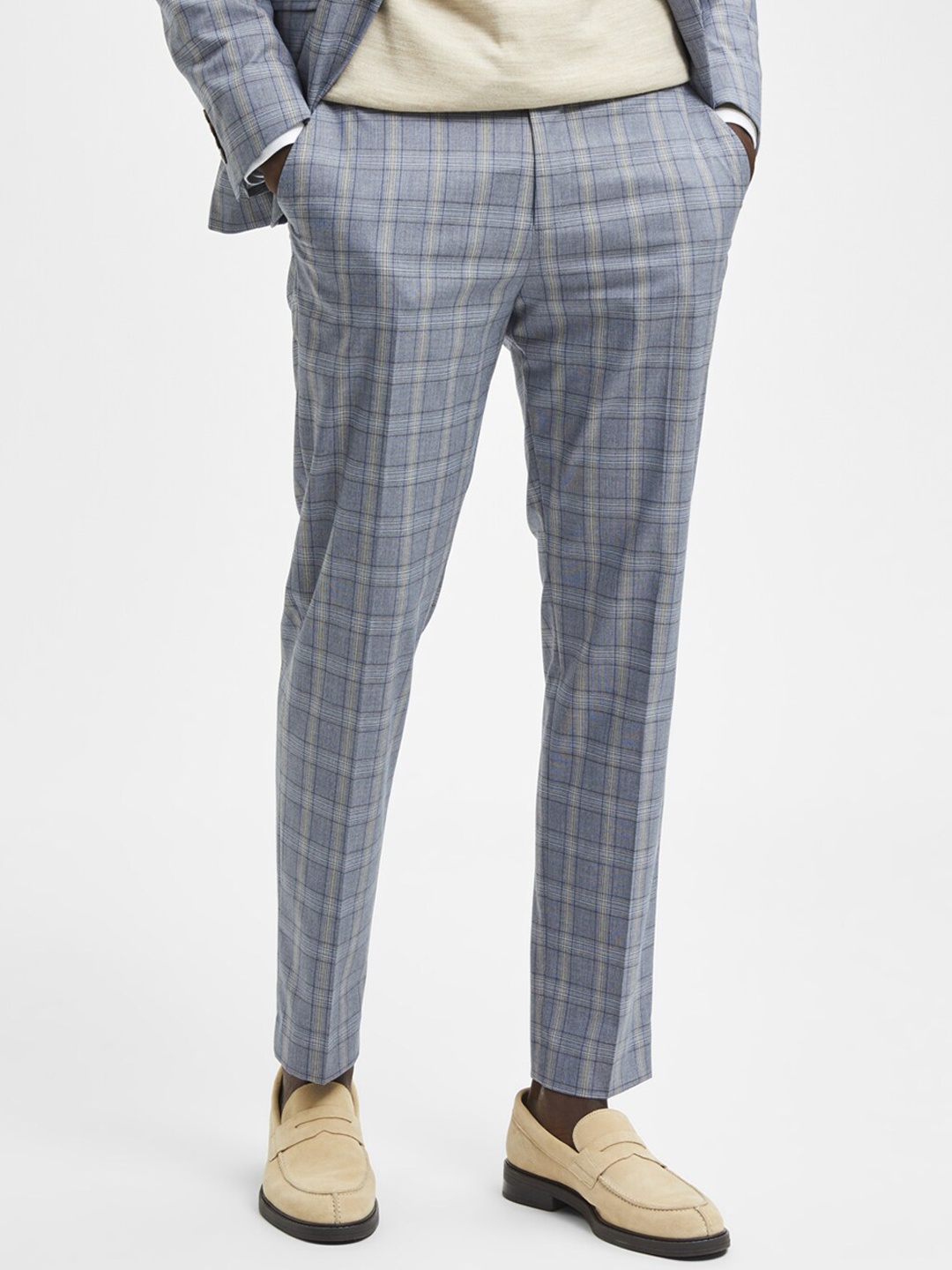 

SELECTED Men Blue Checked Slim Fit Trousers