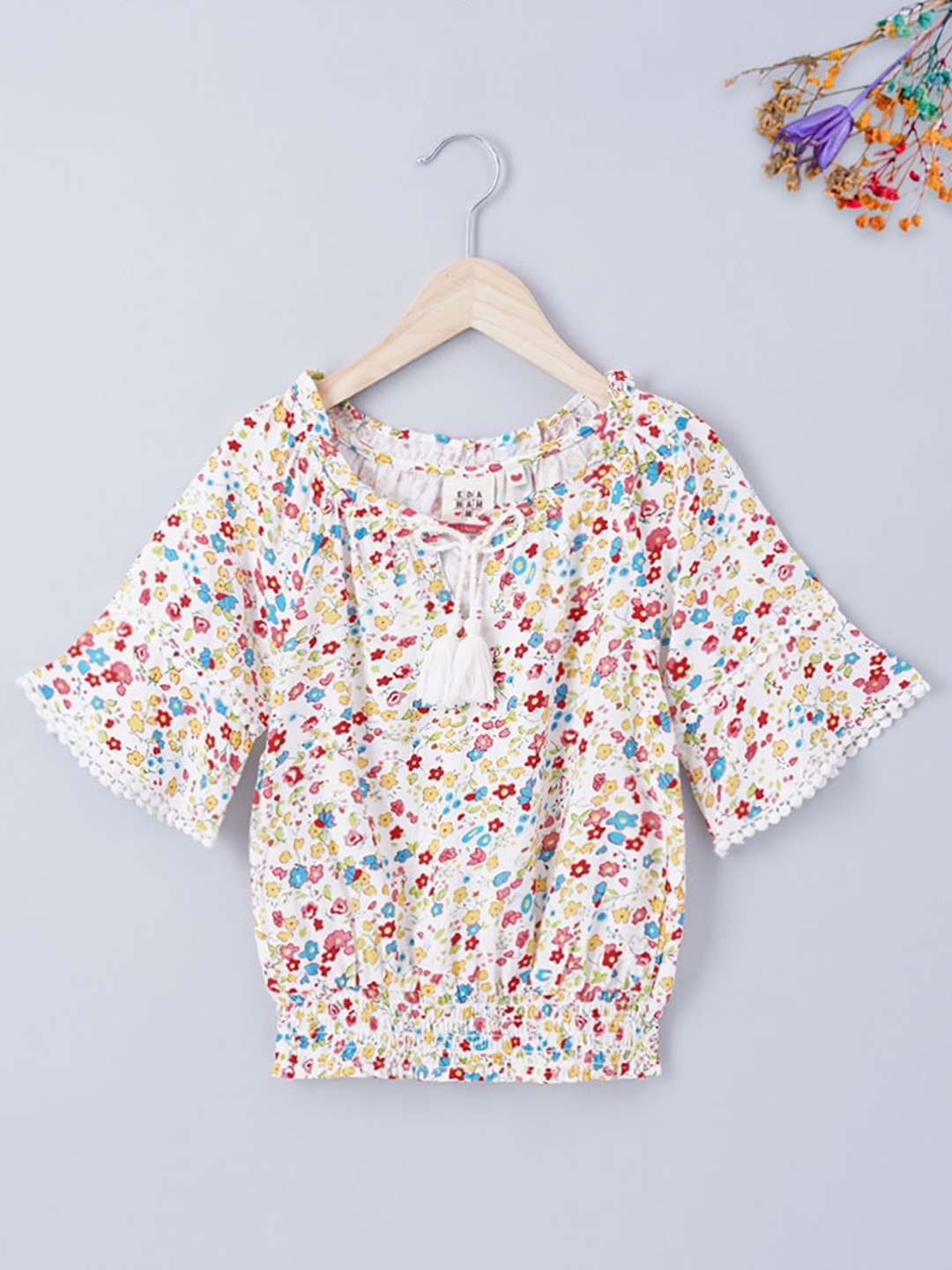 

Ed-a-Mamma Girls White Floral Print Blouson Top