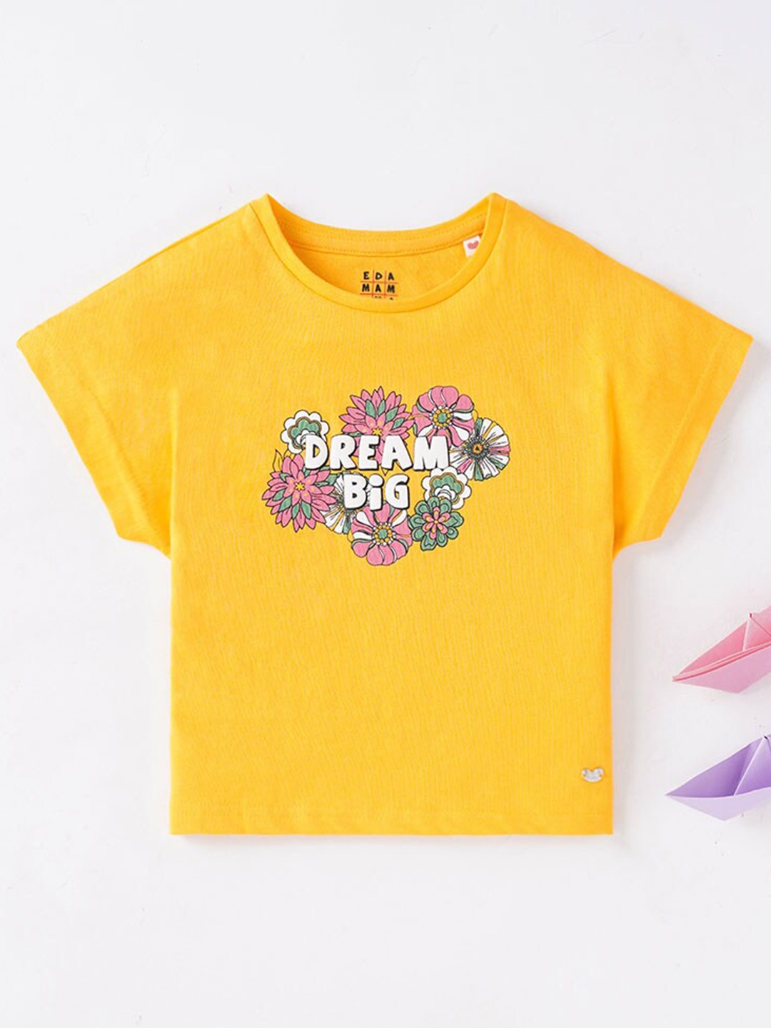 Ed-a-Mamma Girls Yellow Typography Printed T-shirt