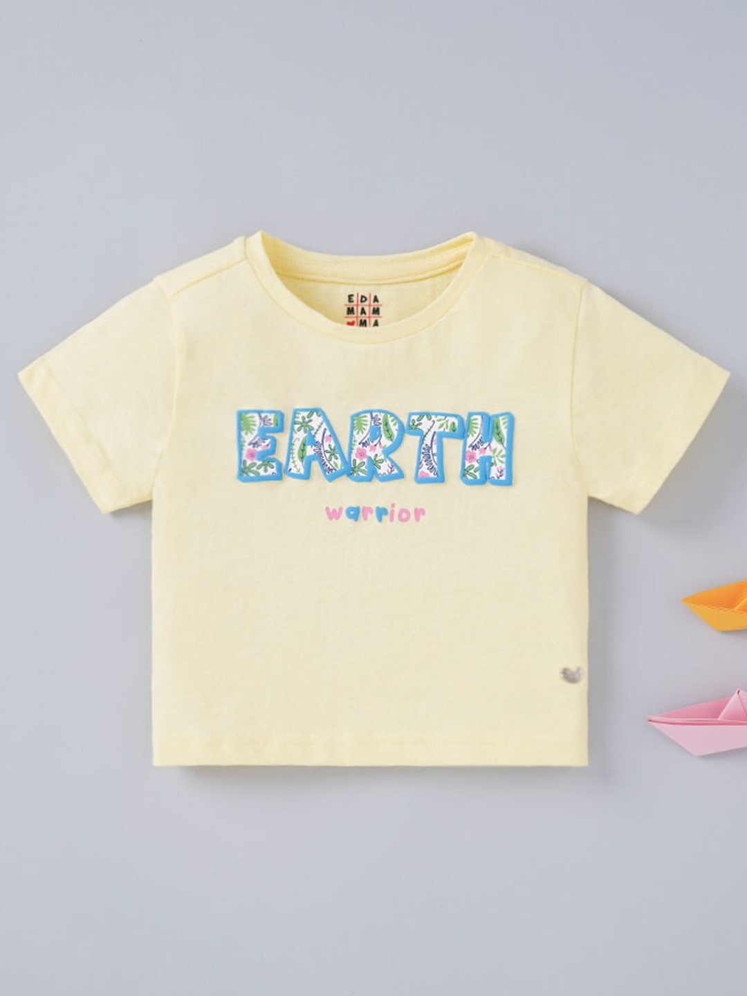 

Ed-a-Mamma Girls Yellow Typography Printed Cotton T-shirt