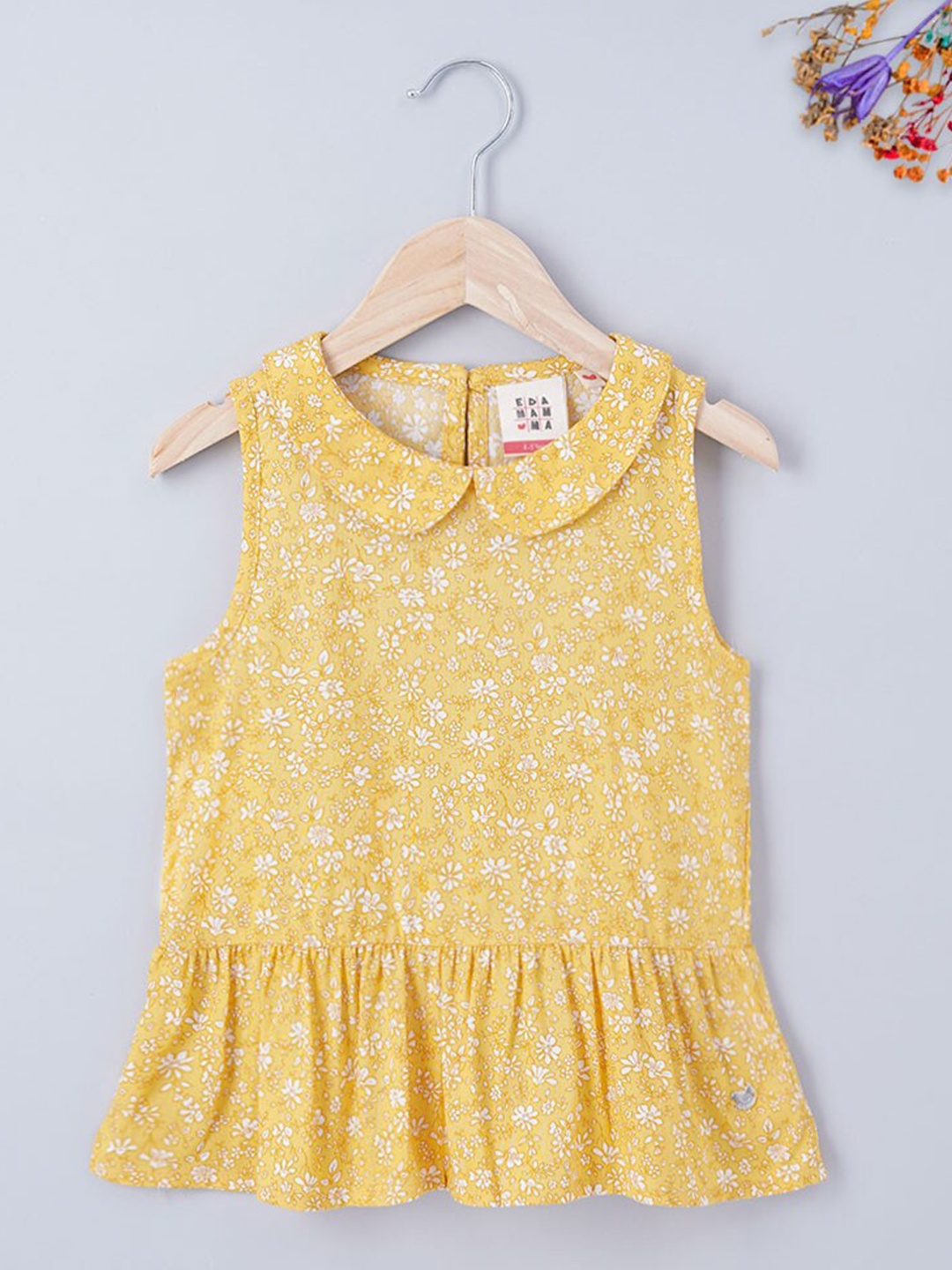 

Ed-a-Mamma Girls Yellow Floral Print Peter Pan Collar Peplum Top