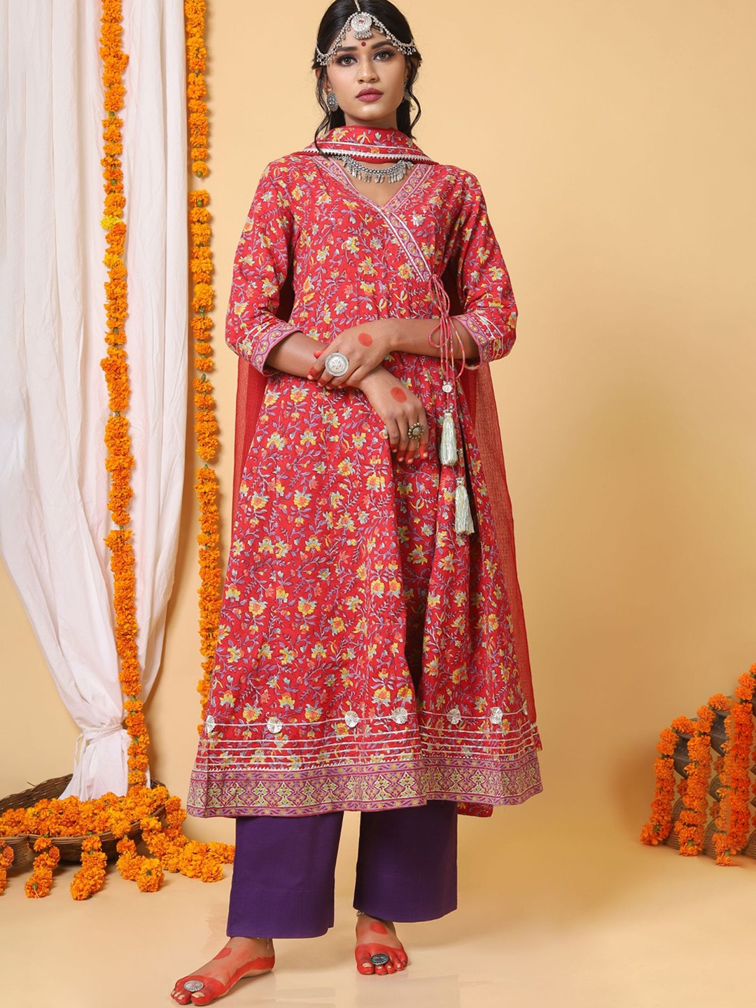

Shuddhi Women Red & Yellow Floral Printed Anarkali Angrakha Kurta
