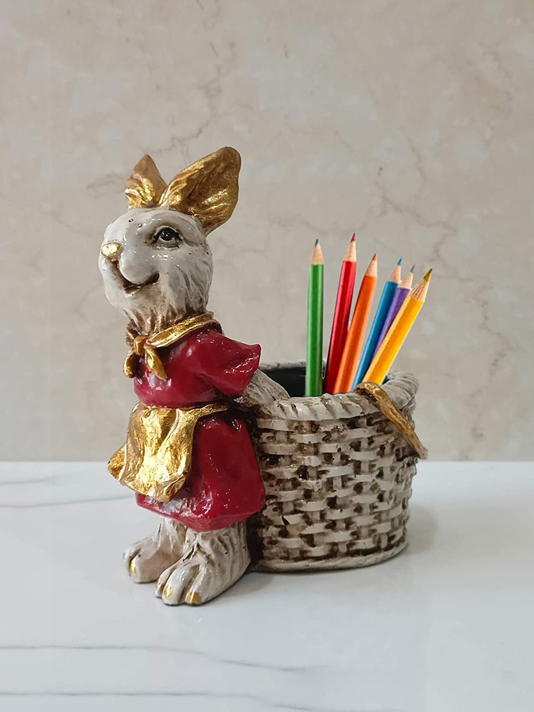 

CraftVatika Red Bunny-Shaped Planter Pot Pen Stand Showpiece