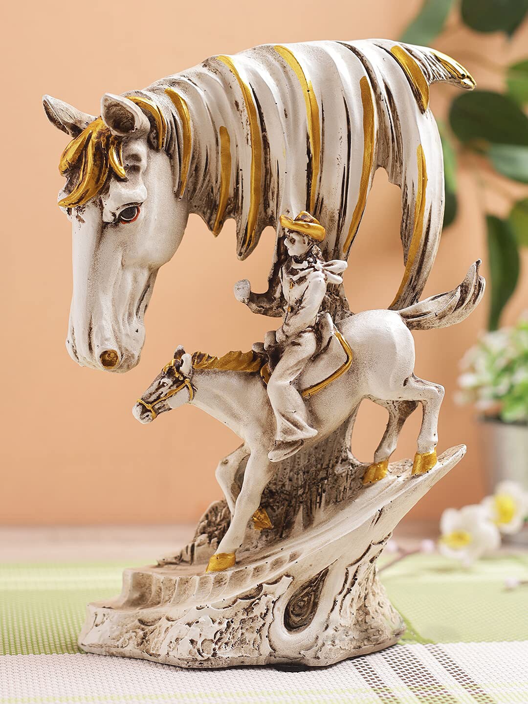 

CraftVatika White Horse Statue Victory Horses with Rider Showpiece