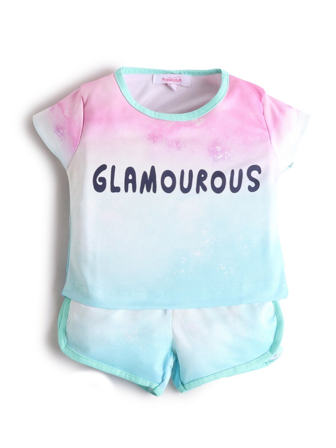 

Hopscotch Girls Pink & Blue Printed T-shirt with Shorts