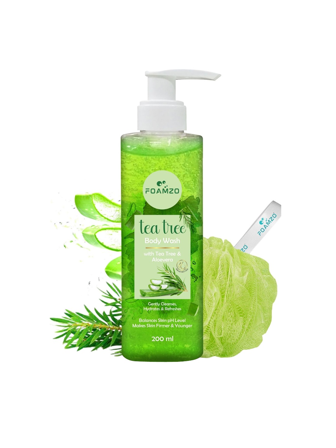 

FOAMZO Tea Tree Body Wash with Aloe Vera - 200 ml & Free Loofah, Green