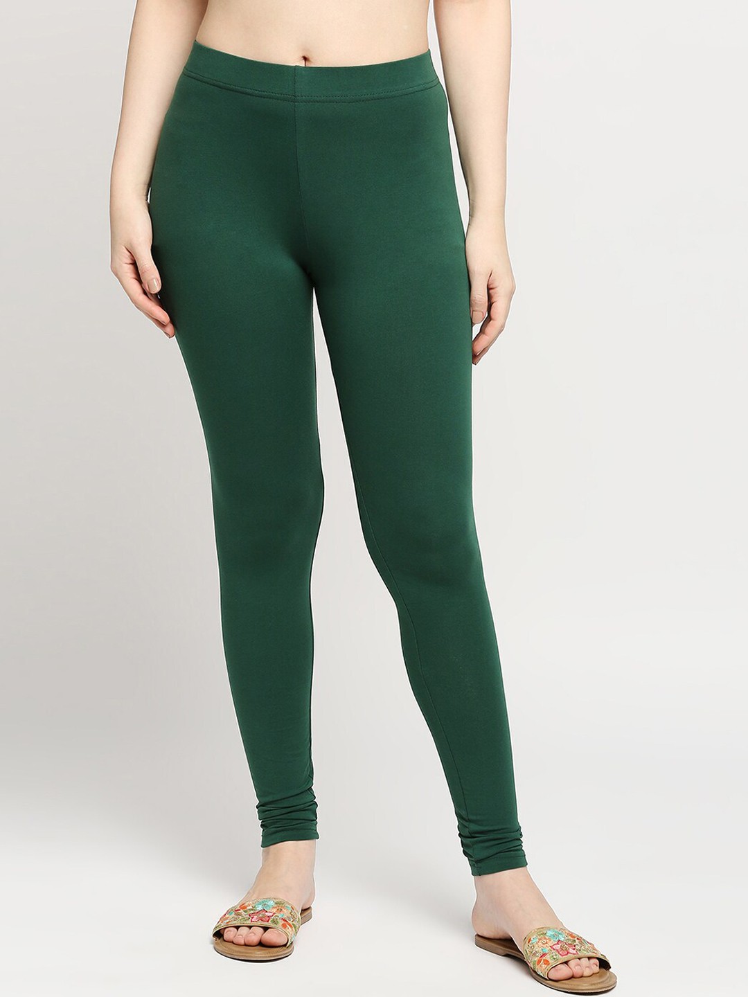 

ZRI Women Bottle-Green Solid Cotton Lycra Churidar-Length Leggings