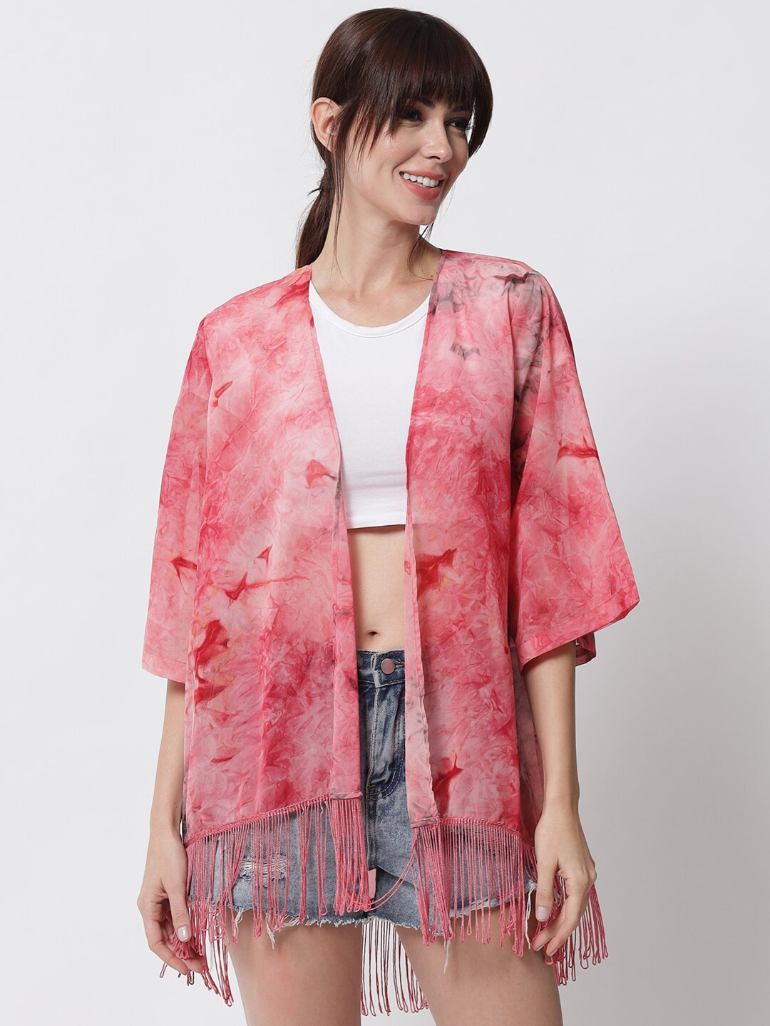 

PURYS Women Pink Tie & Dye Printed fringed Shrug