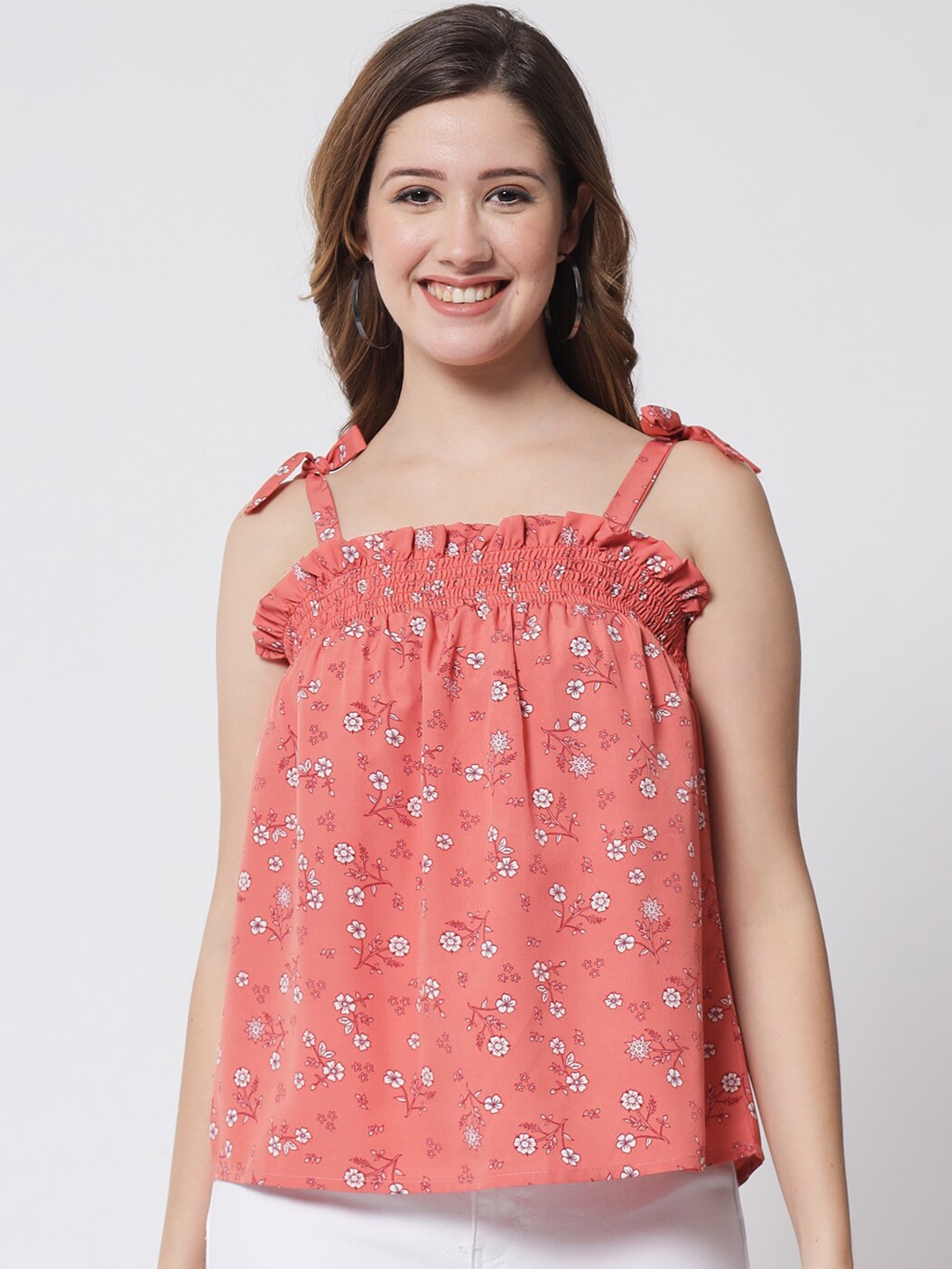 

PURYS Pink Floral Print Smocked Top