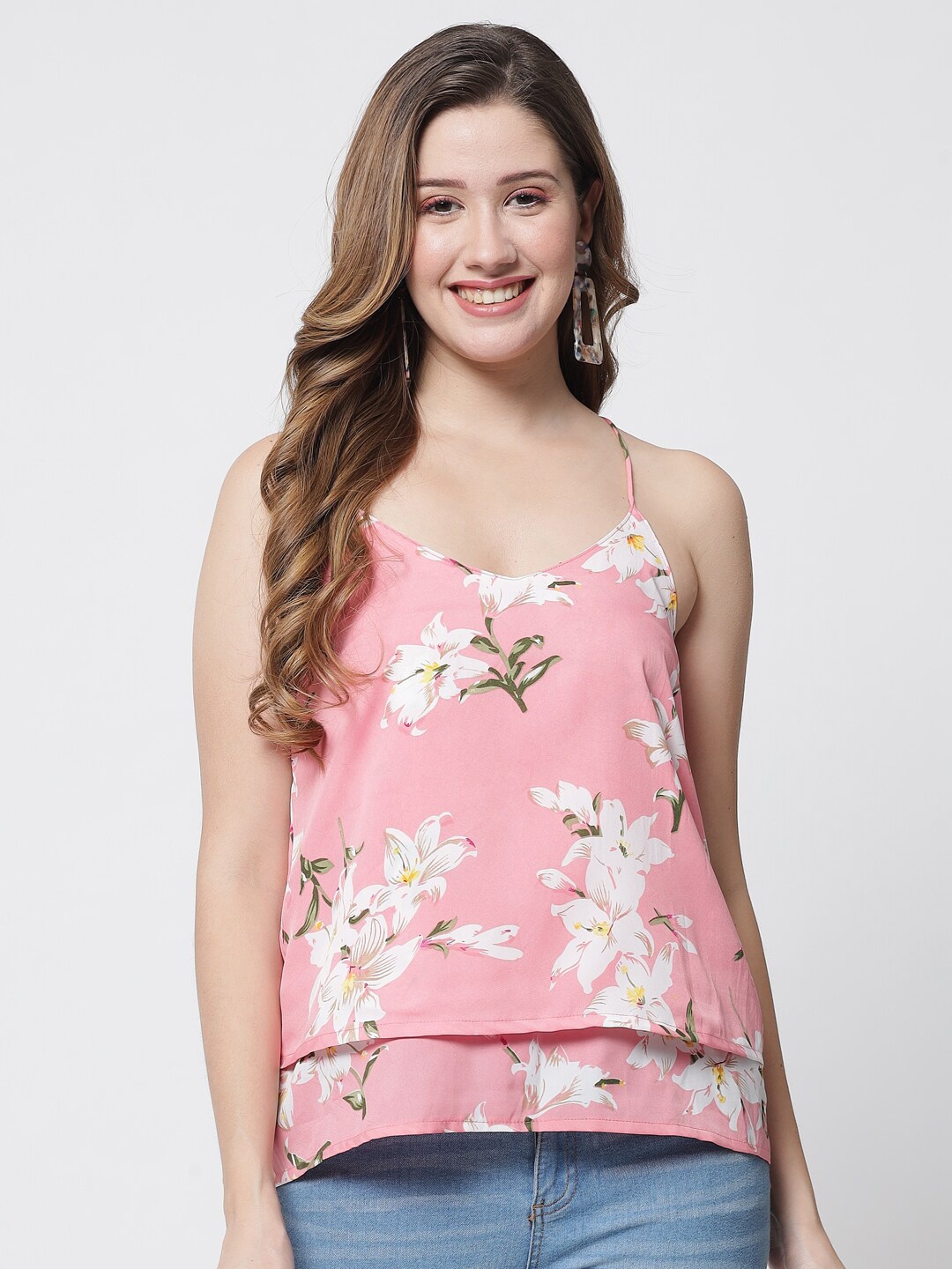 

PURYS Pink Floral Print Styled Back Top