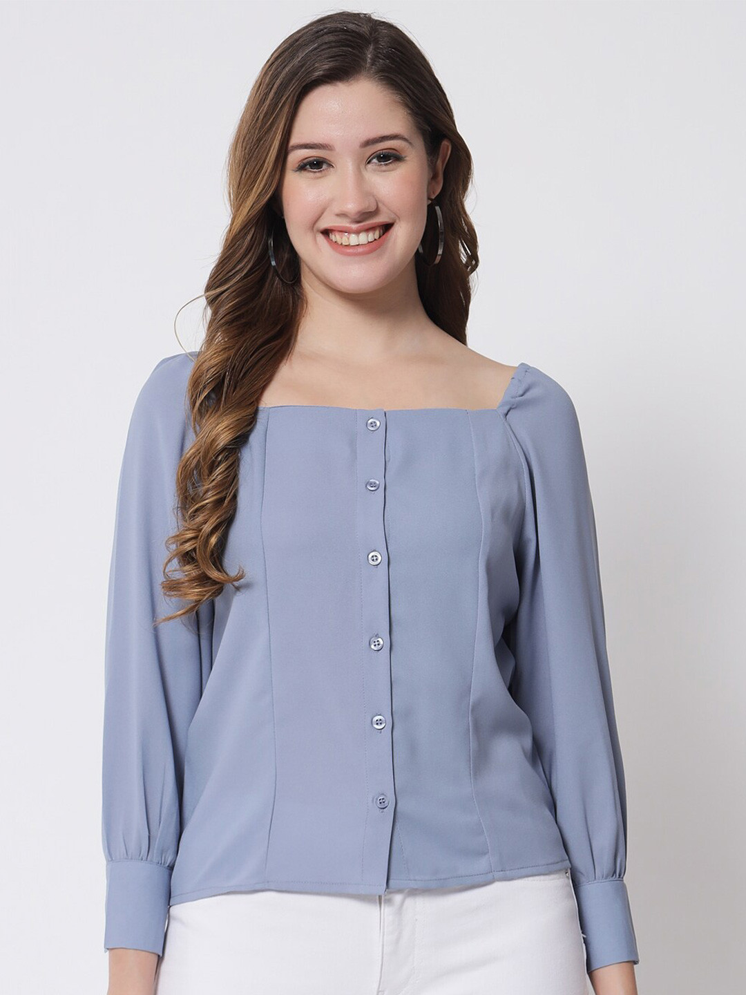

PURYS Women Blue Georgette Shirt Style Top