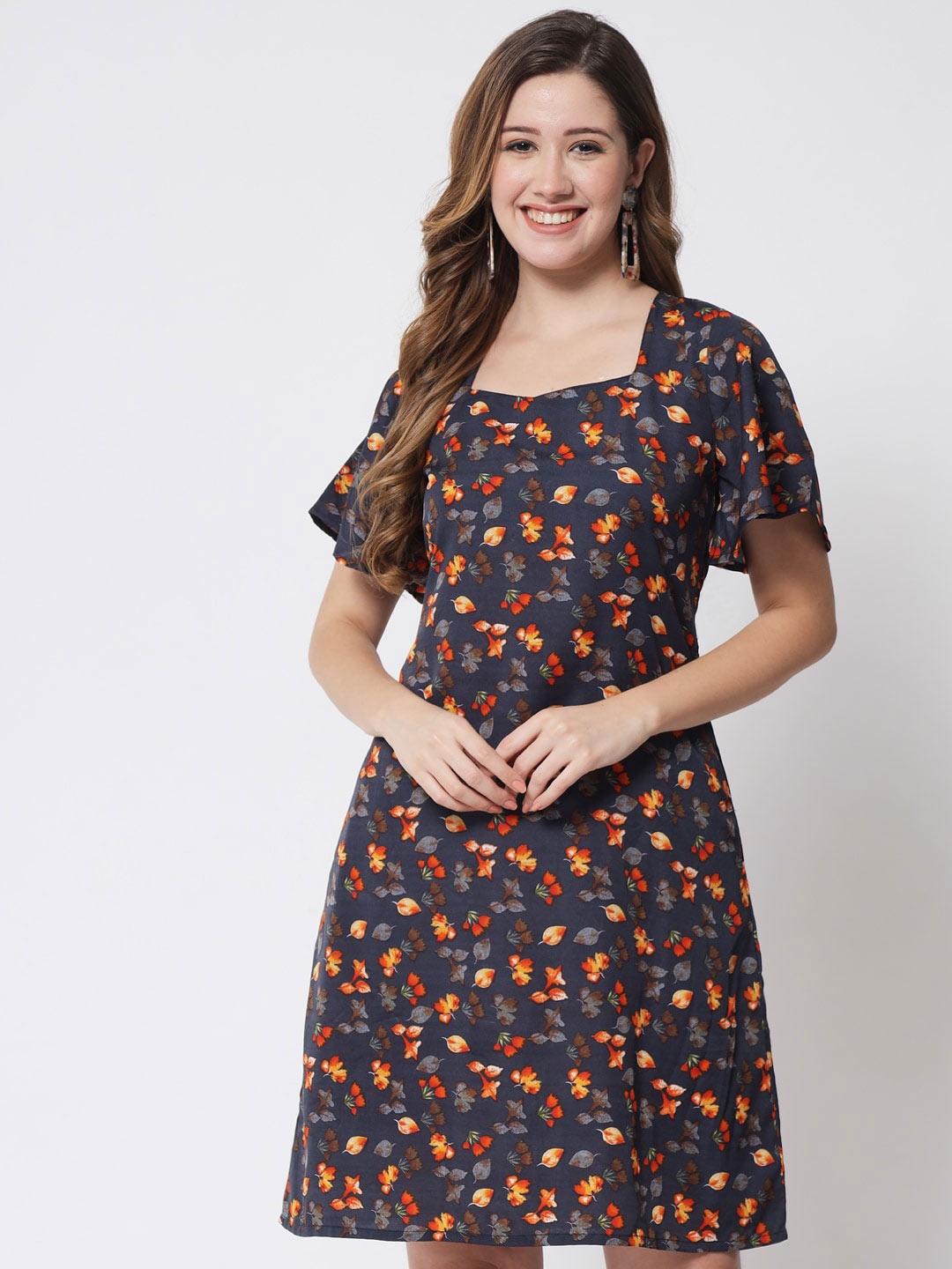 

PURYS Navy Blue Floral Print Crepe Dress