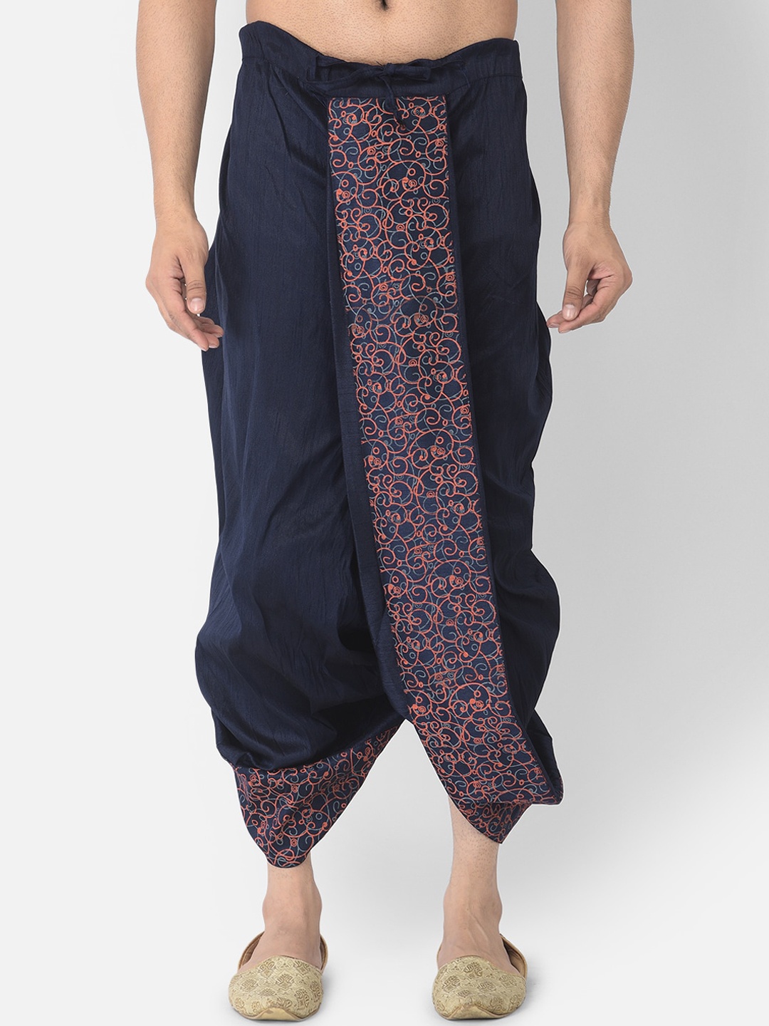 

DEYANN Men Blue & Peach Printed Silk Dhoti Pants, Navy blue