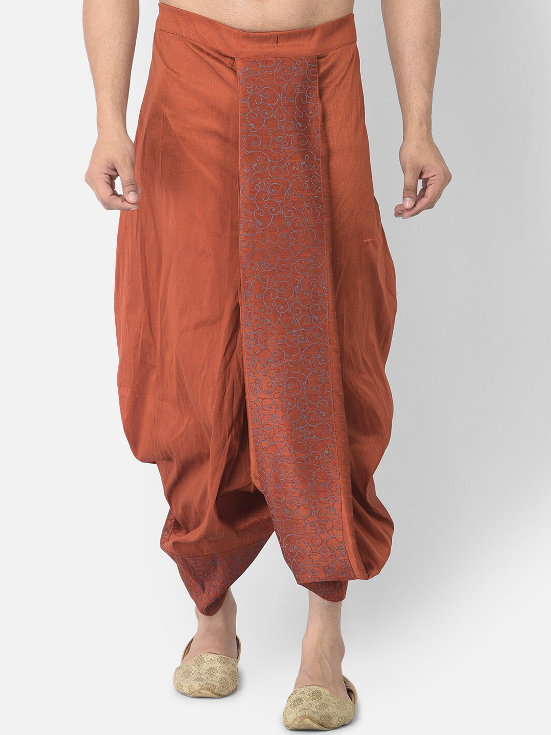 DEYANN Men Bronze Solid Dupion Silk Dhoti, Orange