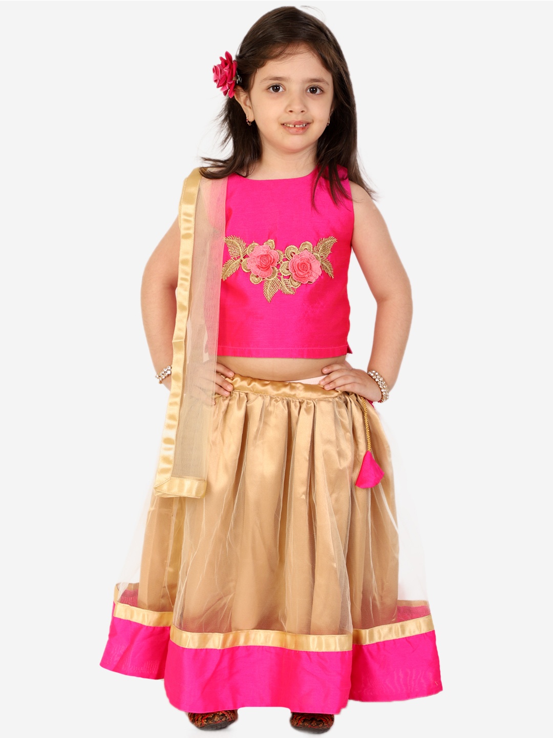 

Superminis Girls Pink & Gold-Toned Embroidered Ready to Wear Lehenga Choli With Dupatta