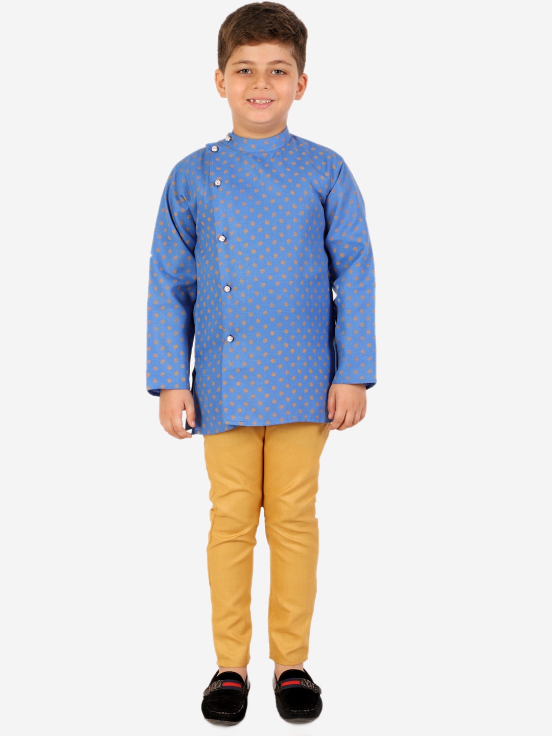 

Superminis Boys Blue Angrakha Pure Cotton Kurta with Pyjamas
