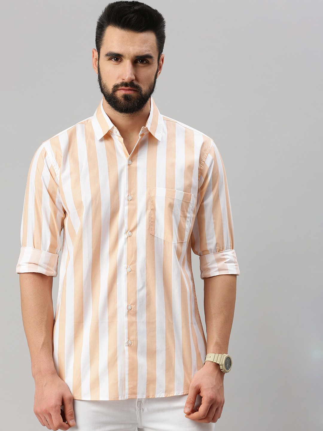 

PEPPYZONE Men Peach-Coloured Standard Striped Casual Shirt