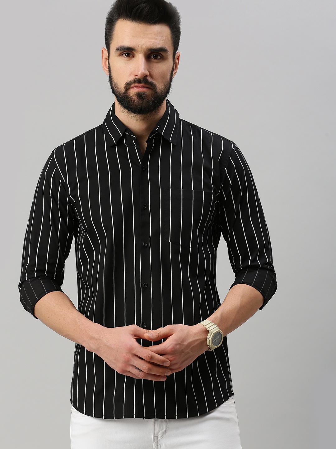 

PEPPYZONE Men Black Standard Striped Casual Shirt