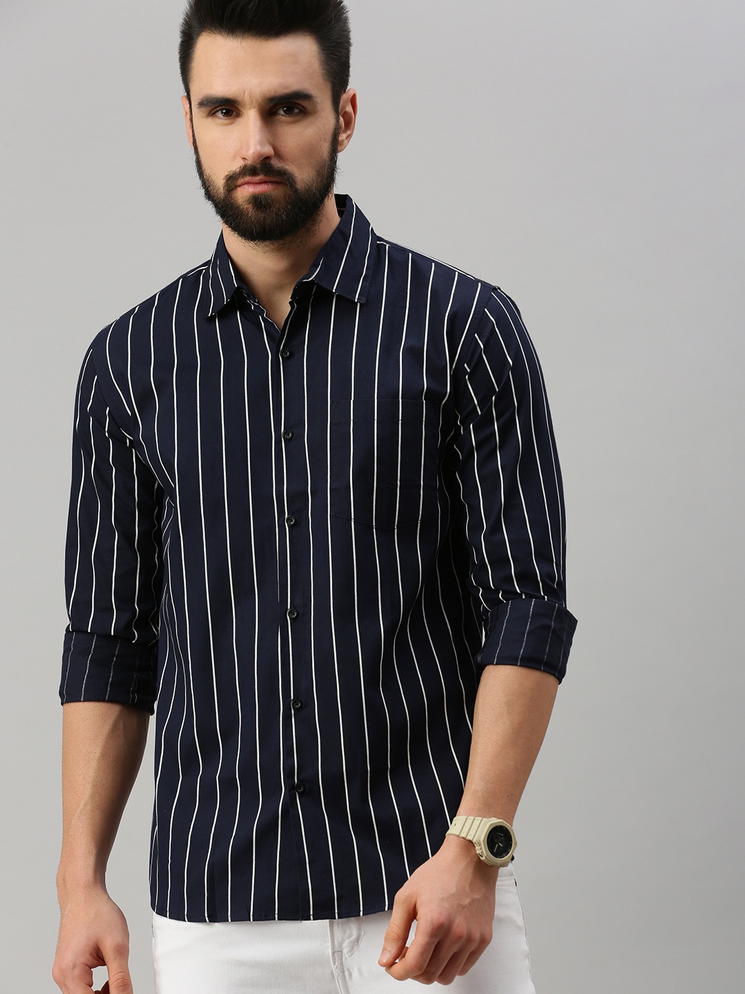 

PEPPYZONE Men Navy Blue Standard Striped Casual Shirt