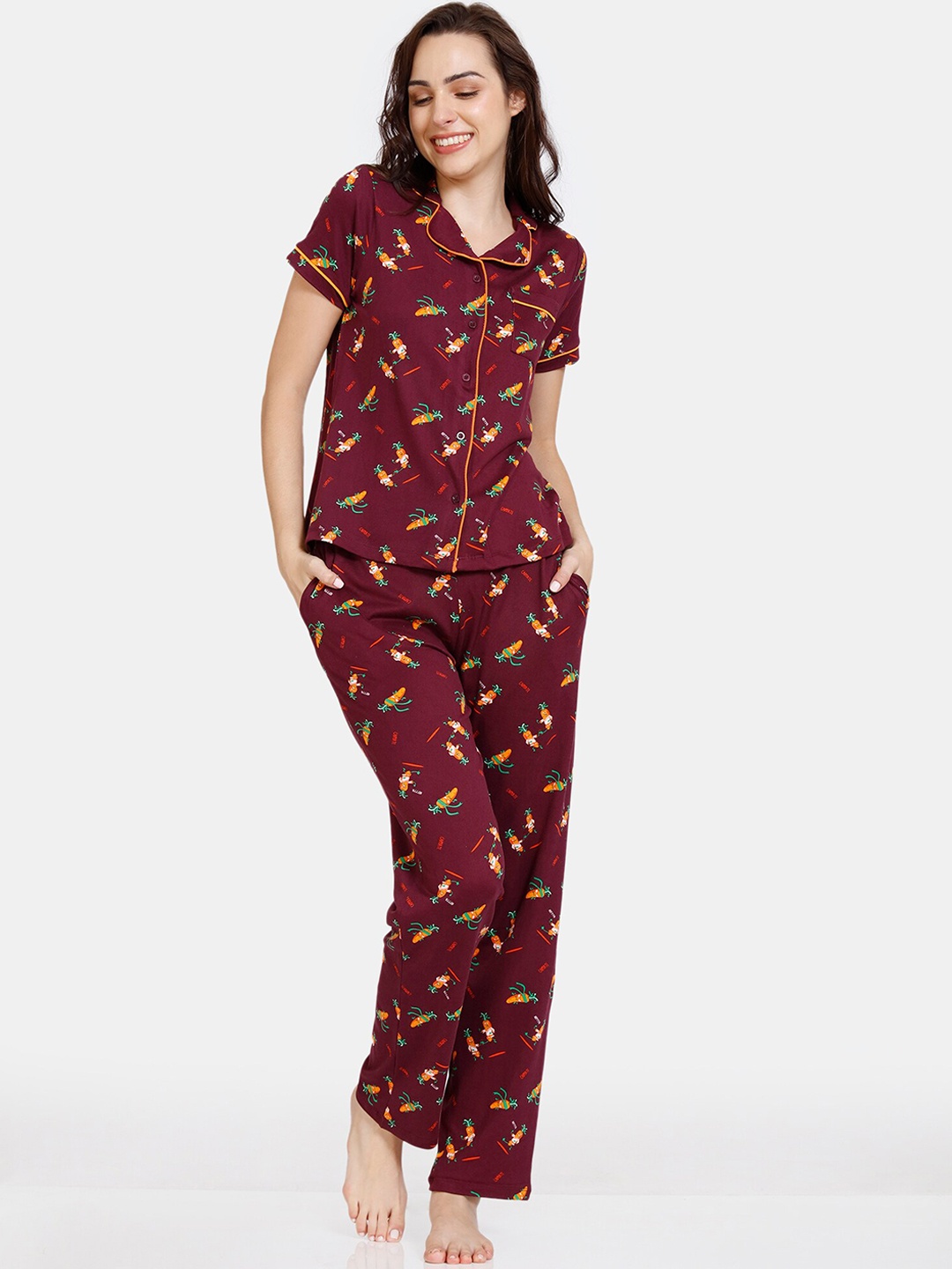 

Zivame Women Red & Orange Printed Night suit