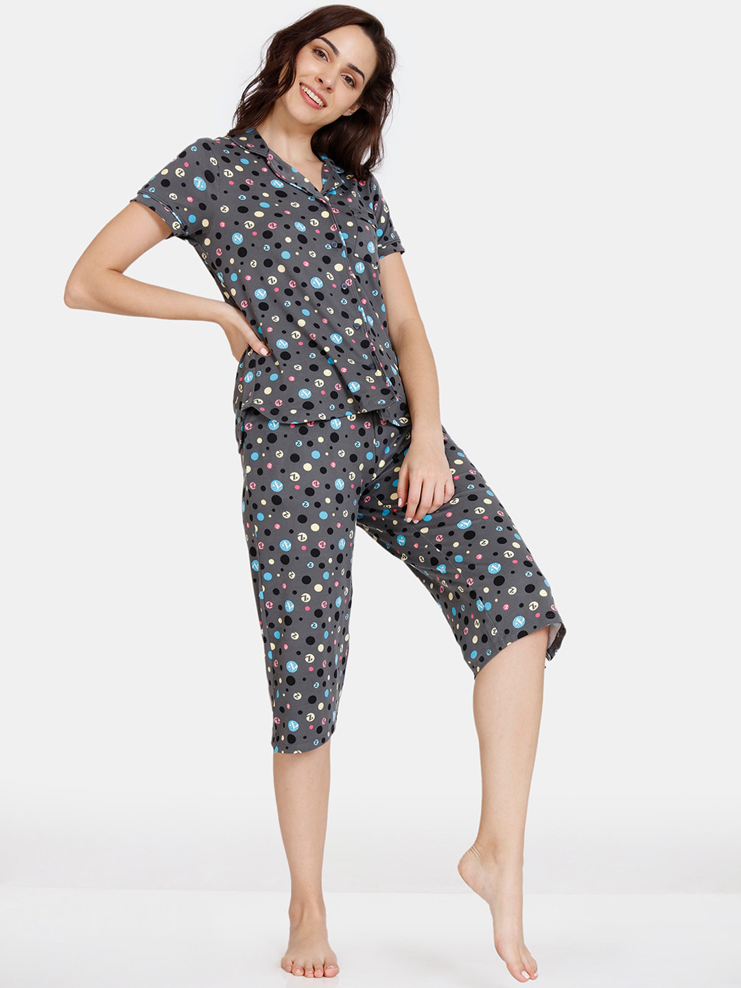 

Zivame Women Grey & Blue Printed Night suit