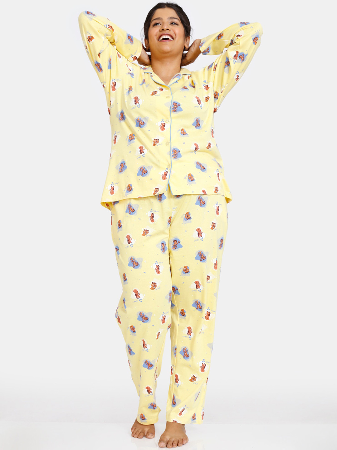 

Zivame Women Plus Size Yellow & Blue Printed Cotton Night suit