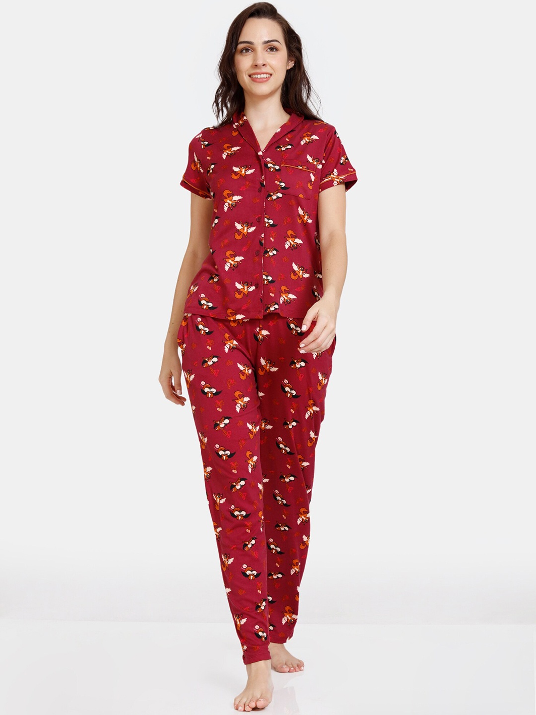 

Zivame Women Red & White Printed Night suit