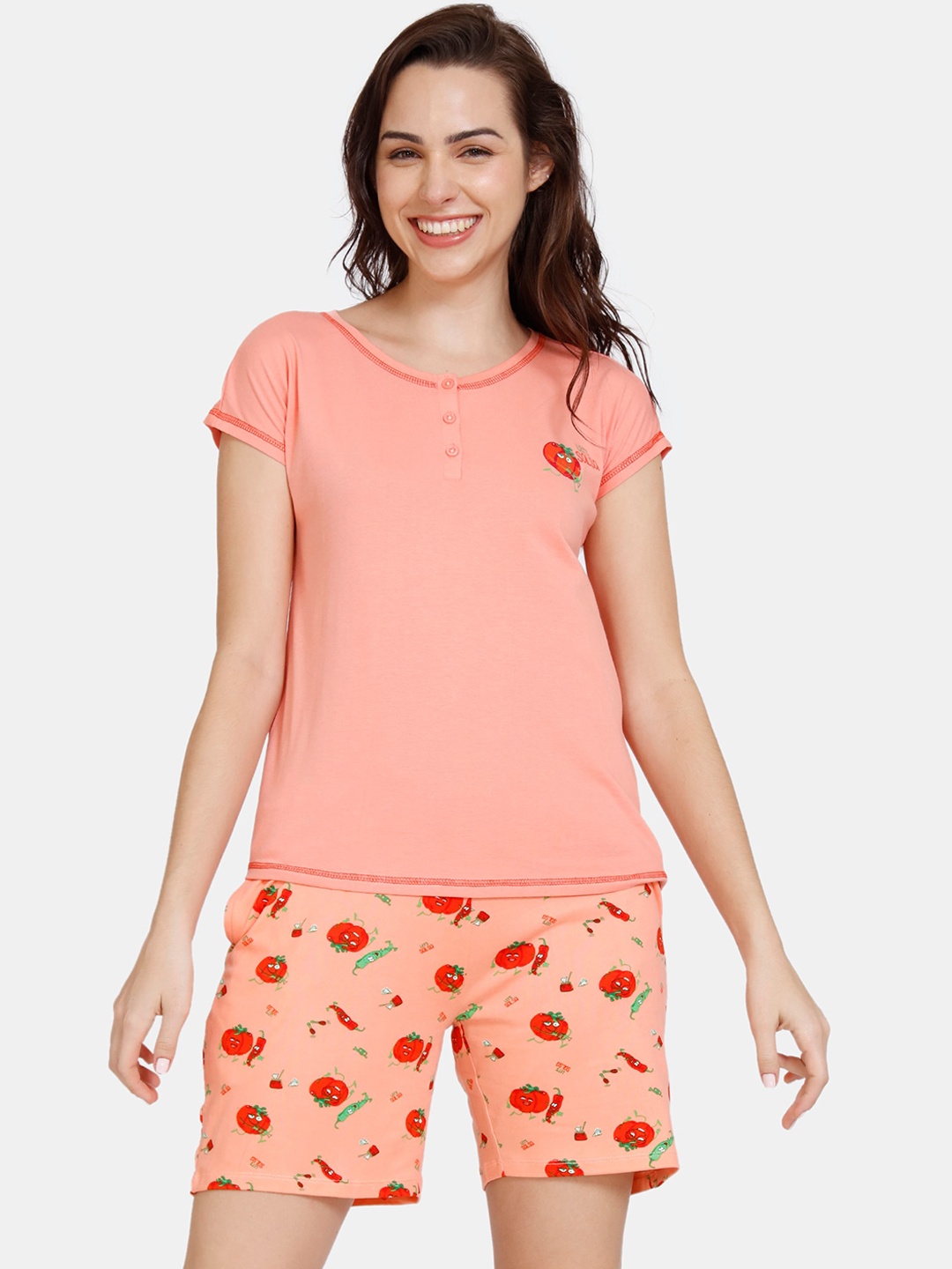 

Zivame Women Peach-Coloured & Red Printed Shorts Night suit