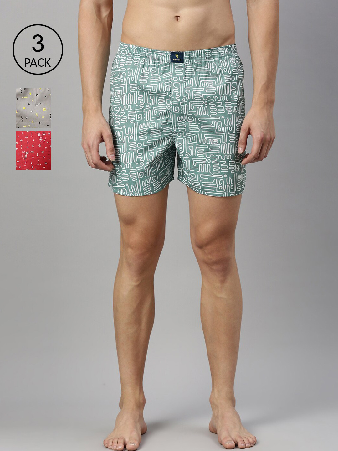 

Joven Men Pack of 3 Printed Pure Cotton Boxers JB3P-ABAZDO, Red