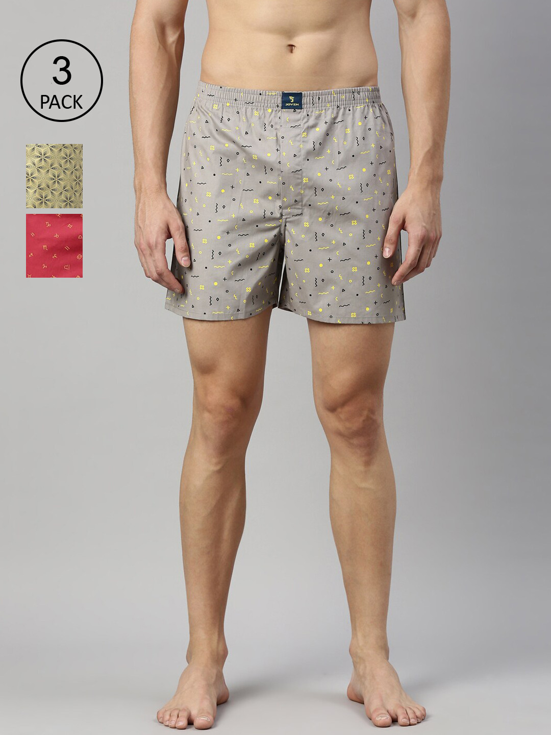 

Joven Men Pack of 3 Printed Pure Cotton Boxers, Red