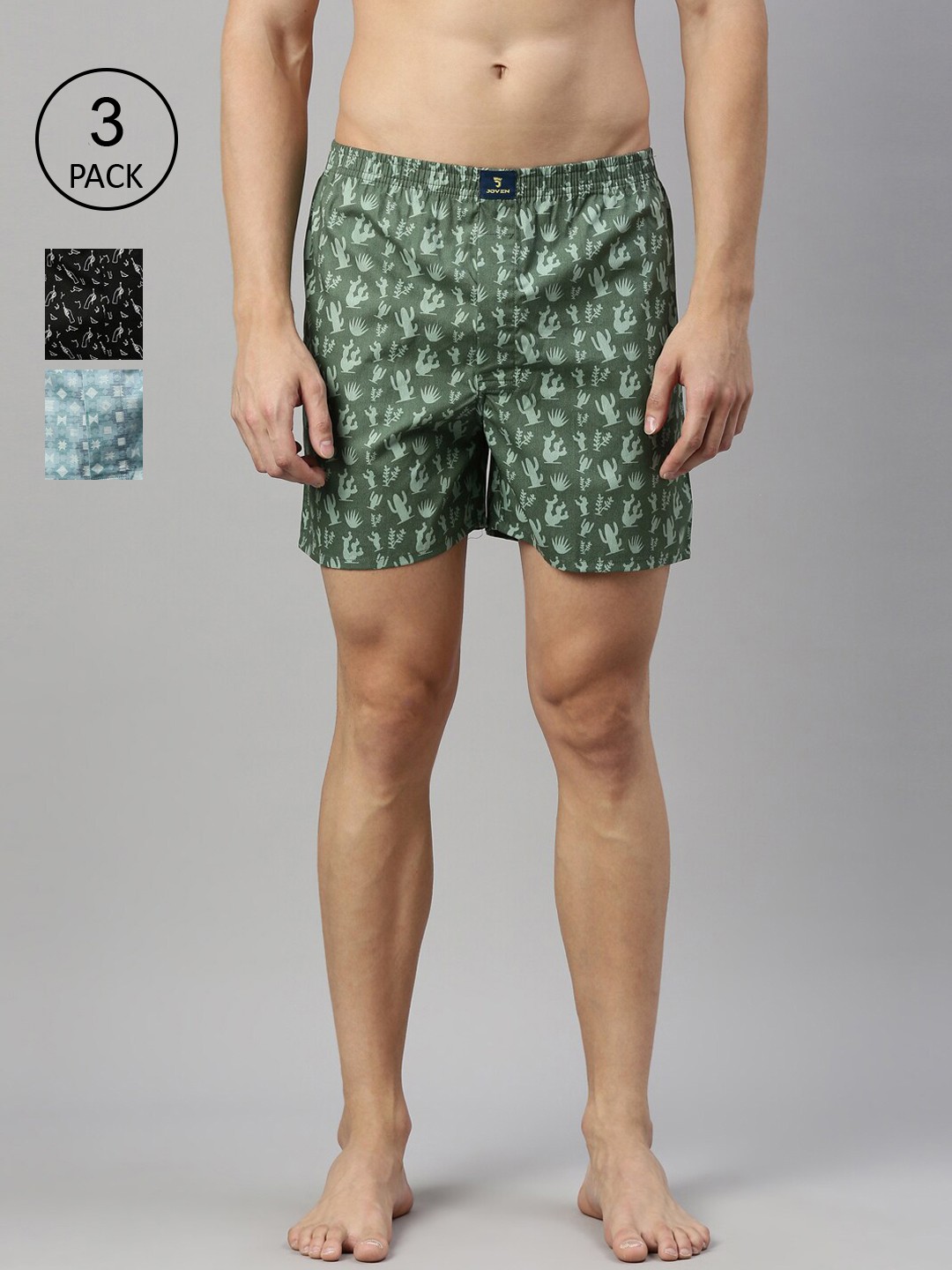 

Joven Men Pack of 3 Printed Pure Cotton Boxers JB3P-HAGCAU, Green