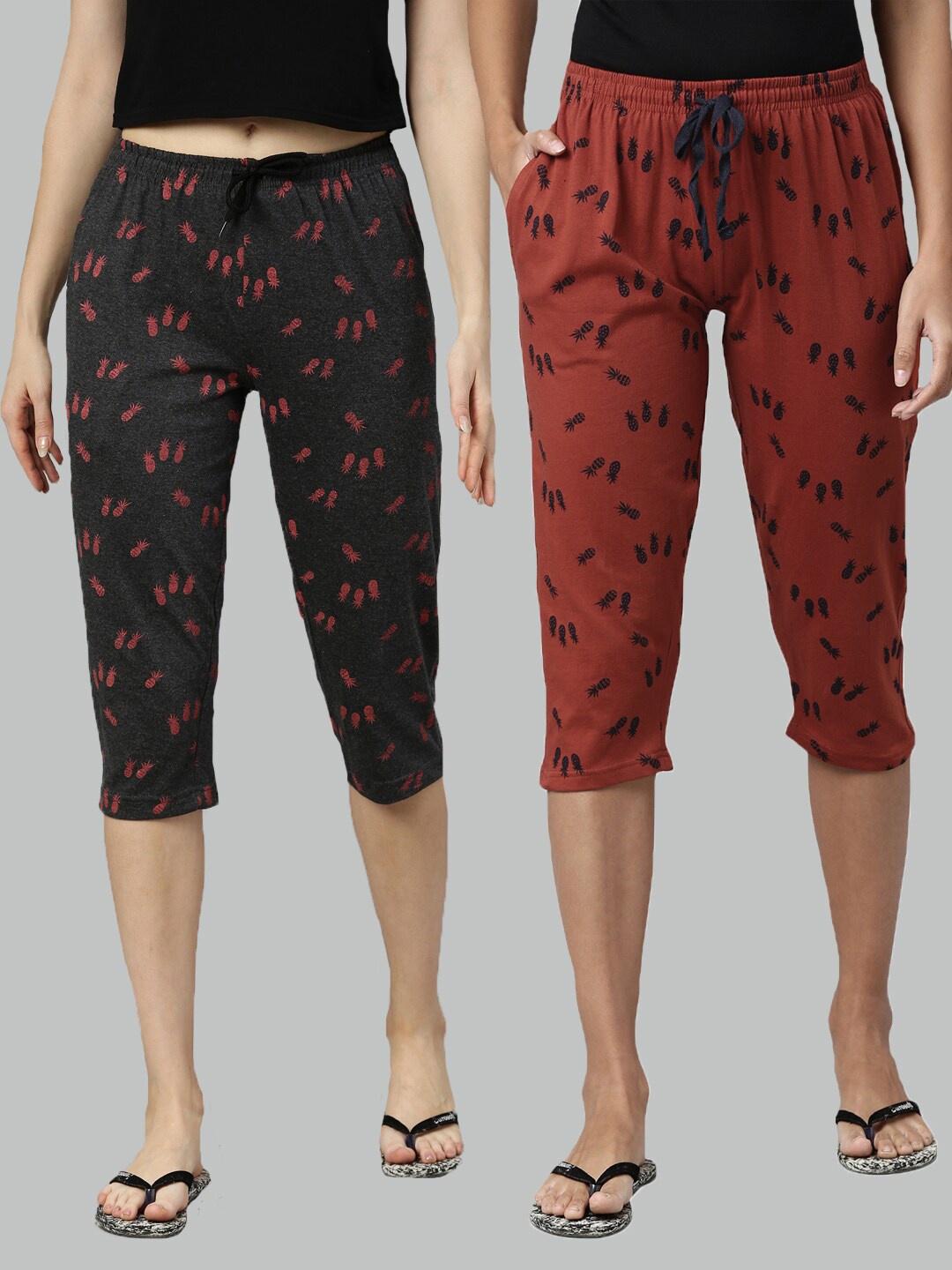 

Kryptic Women Pack Of 2 Printed Pure Cotton Capris, Grey