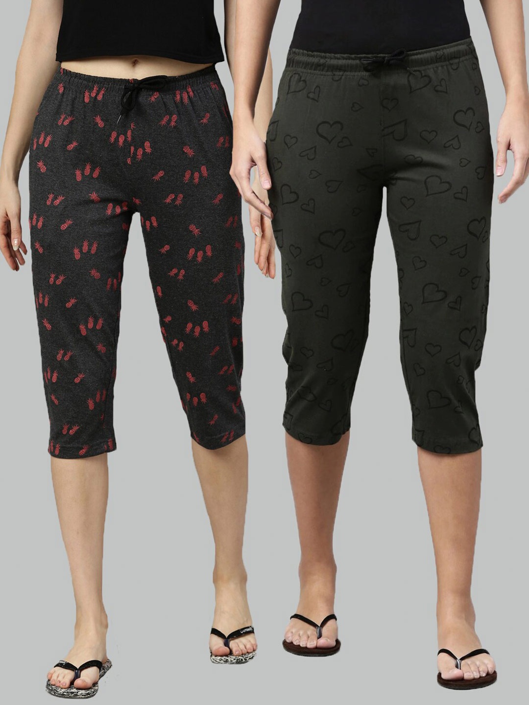 

Kryptic Women Pack Of 2 Grey & Olive Green Printed Pure Cotton Capris