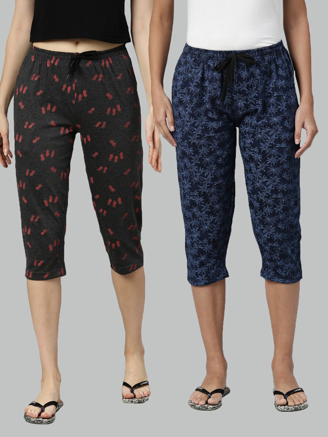 

Kryptic Women Pack of 2 Grey & Blue Printed Pure Cotton Capris