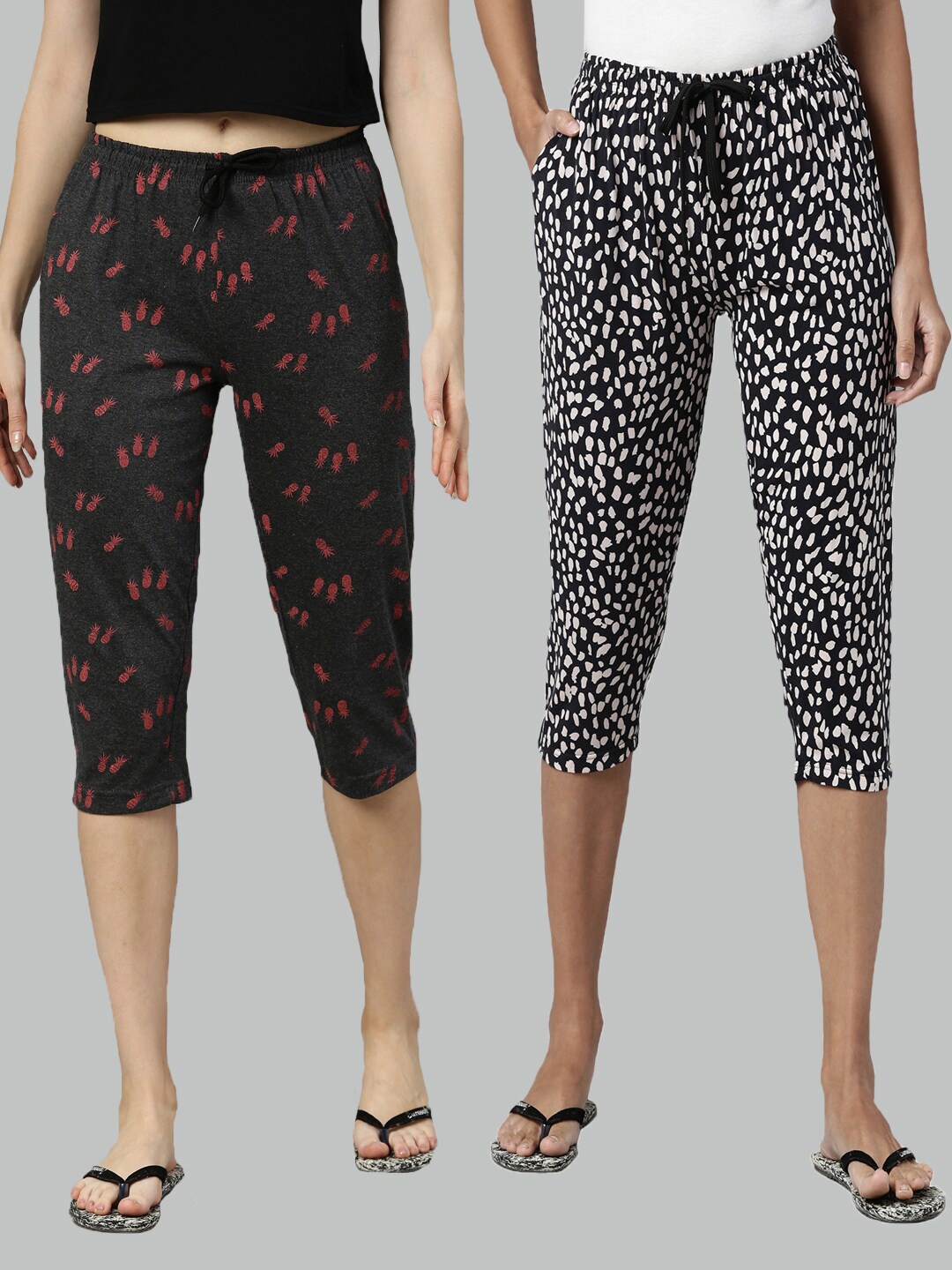 

Kryptic Women Pack Of 2 Grey & Navy Blue Printed Cotton Capris