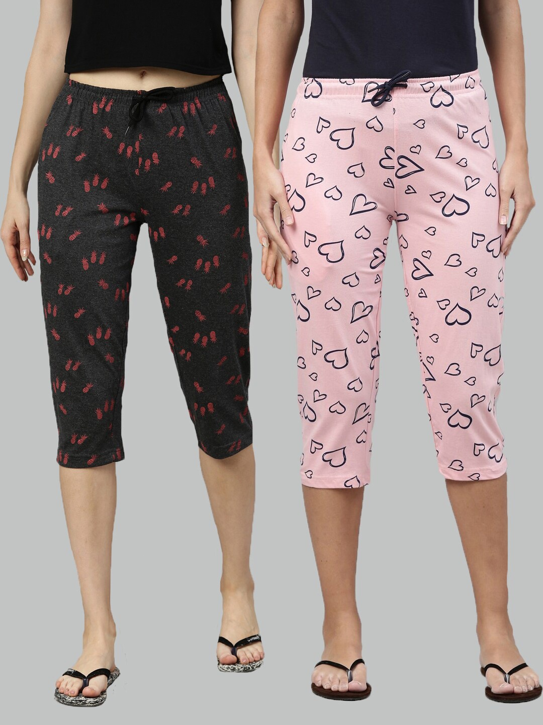 

Kryptic Women Pack of 2 Charcoal Grey & Pink Printed Pure Cotton Capris